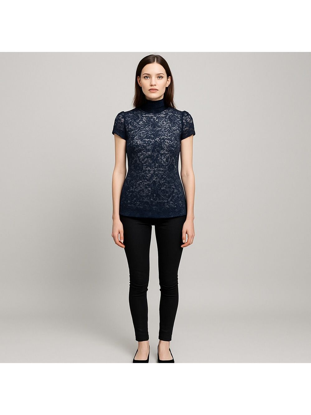 Black Lace Mock Neck Cap Sleeve Blouse Small